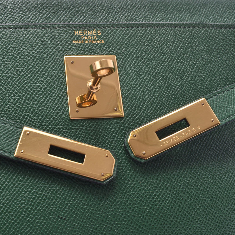 HERMES Hermes Kelly 32, stitches in the green gold gold gold, T-chopped (circled in 1990), Ladies, Kushbel, 2WAY bag, AB, Class, used, used silver.