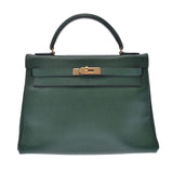 HERMES Hermes Kelly 32, stitches in the green gold gold gold, T-chopped (circled in 1990), Ladies, Kushbel, 2WAY bag, AB, Class, used, used silver.