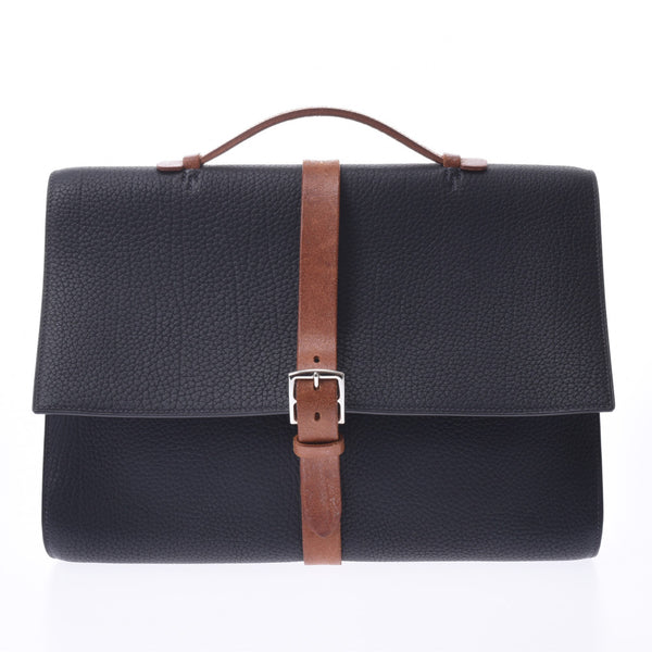 HERMES Hermes Etriviere Document Briefcase Black / Brown Silver Hardware □ H Engraved (Around 2004) Unisex Fjord Business Bag AB Rank Used Ginzo