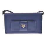 PRADA Prada Shoulder Wallet Ribbon Blue Gold Metal Fittings 1M1437 Ladies Saffiano Long Wallet B Rank Used Ginzo