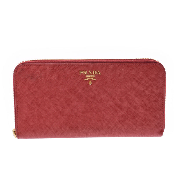 PRADA Prada Round Fasner, wallet, red 1ML506, Ladies Saffiano, wallet, wallet, AB, second-hand silver storey.