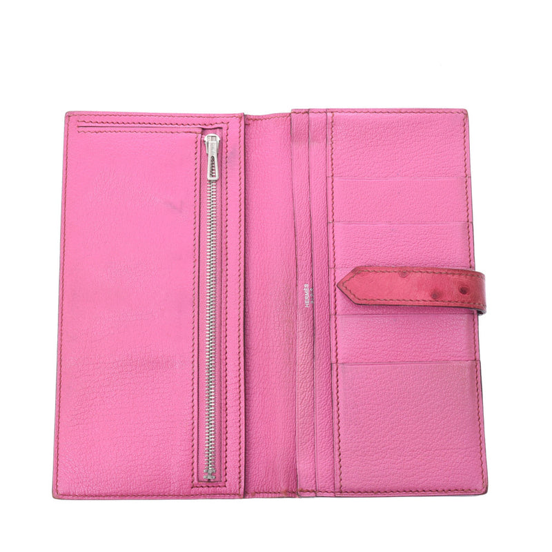 HERMES Hermes, Beansufre, Fussa Pink, Silver Golden Lim (around 2008) Ladies Austrich, Long Purse C-Rank, used silver warehouses