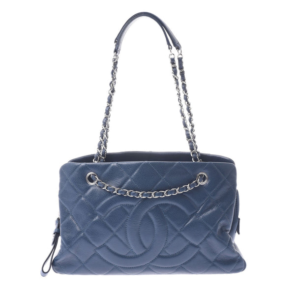 Chanel matchesse chain Tote dark blue silver hardware Womens Soft caviar skin tote bag a