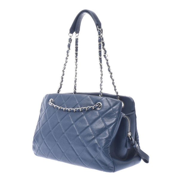 Chanel matchesse chain Tote dark blue silver hardware Womens Soft caviar skin tote bag a