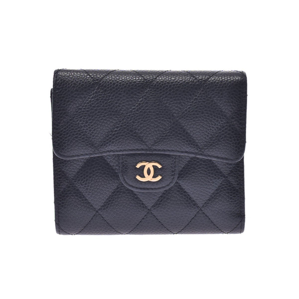 CHANEL Chanel Matrasse Compact Wallet Black Ladies Caviar Skin Tri-Fold Wallet A Rank Used Ginzo