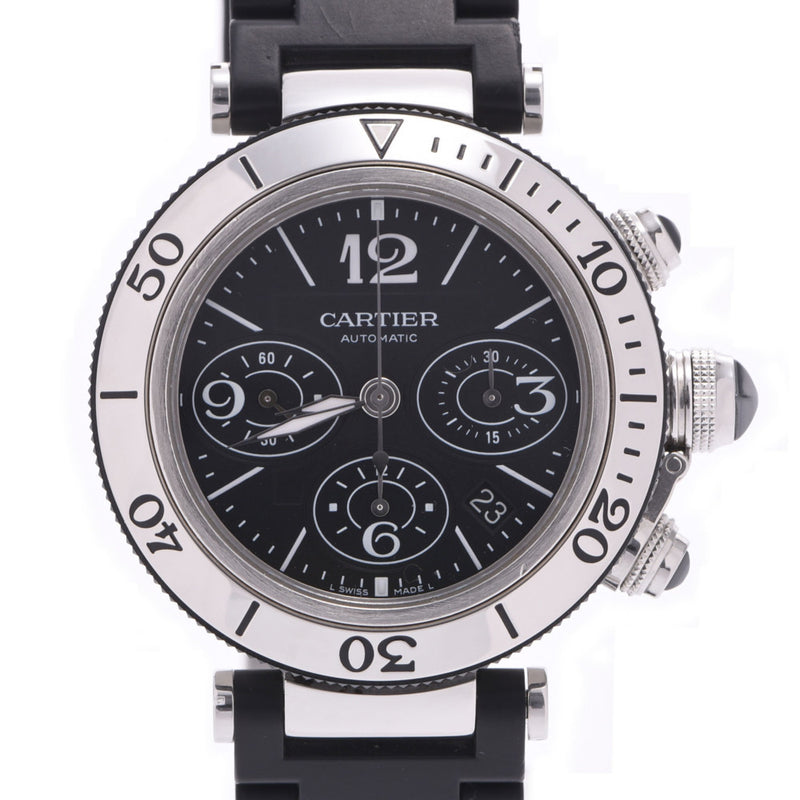 CARTIER Cartier Pasha Seatimer Chrono W31088U2 Men's SS/Rubber Watch Automatic Black Dial AB Rank Used Ginzo