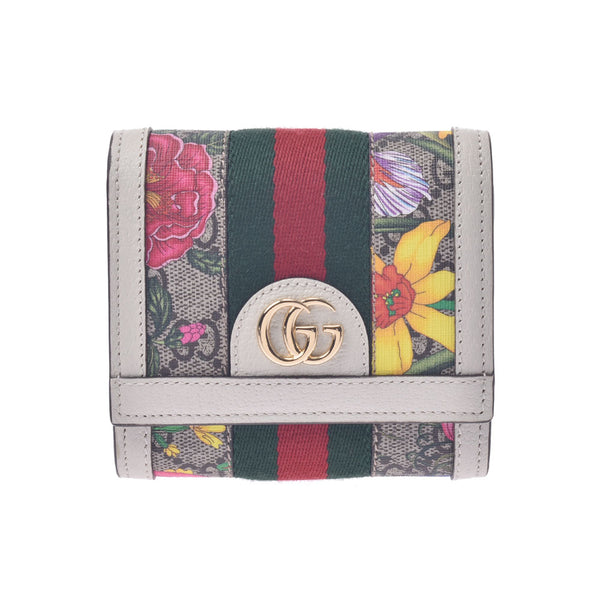GUCCI Gucci Offidia GG Flora Compact Wallet Ivory × Beige 598662 Women's GG Sprim Canvas Two Folded Wallets Unused Silgrin