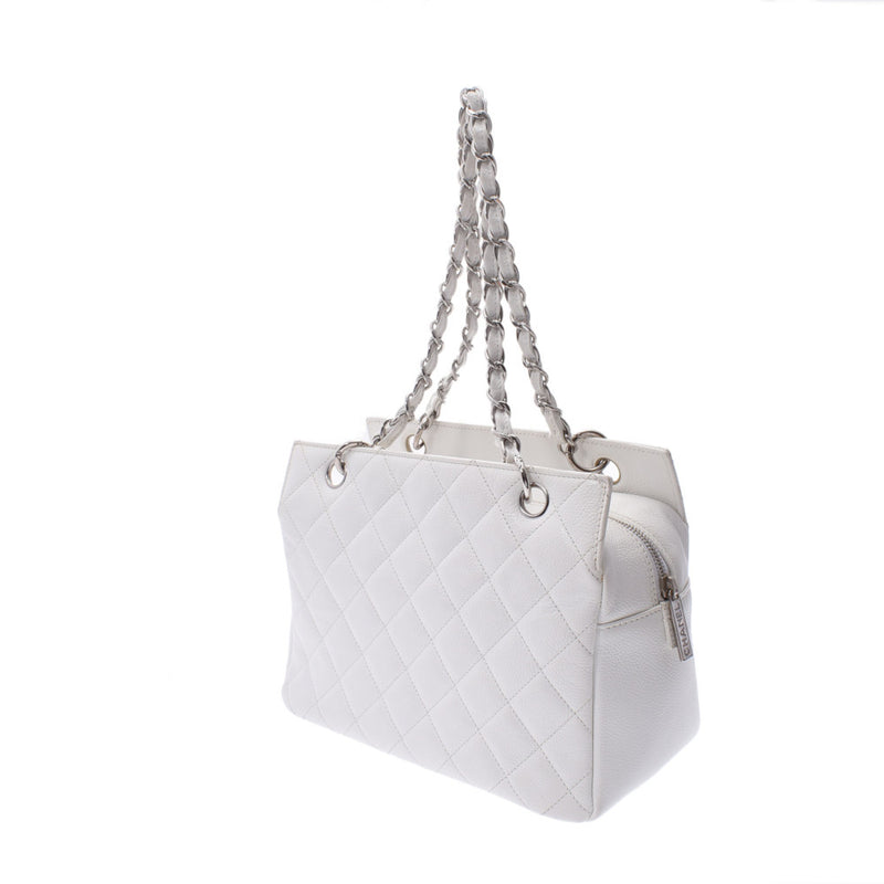 Chanel Chanel Matrasse PTT Tote White Silver Bracket Ladies Caviar Skin Handbag B Rank Used Silgrin