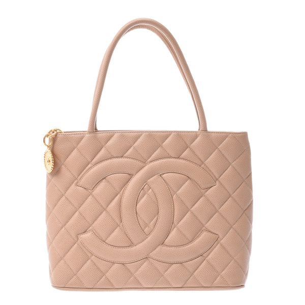 CHANEL Reprint Tote Beige Gold Metal Fittings Women's Caviar Skin Tote Bag A Rank Used Ginzo