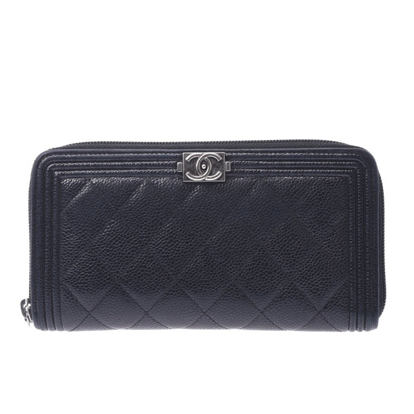 Chanel Chanel Boy Cabbage Black Silver Fixtures Ladies Caviar Skin Long Wallet B Rank Used Silver