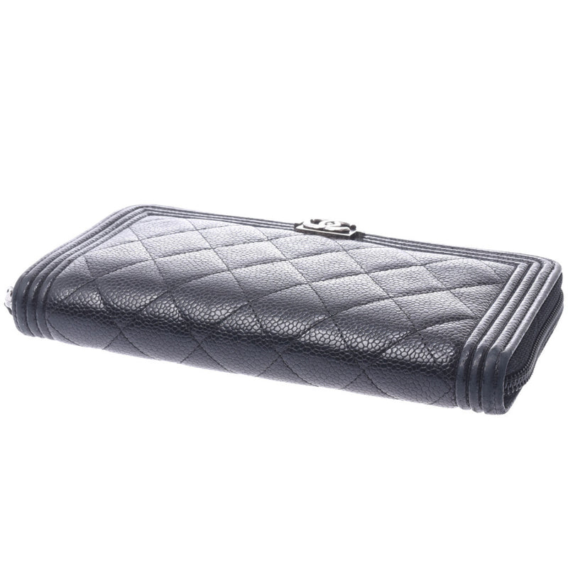 Chanel Chanel Boy Cabbage Black Silver Fixtures Ladies Caviar Skin Long Wallet B Rank Used Silver