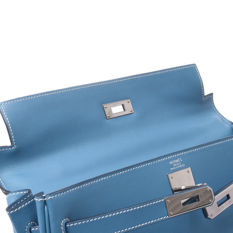 Hermes Hermes Kelly 32 2道袋蓝色牛仔银配件□J-ingraved（2006年左右）女性的Swift手袋AB排名使用水池