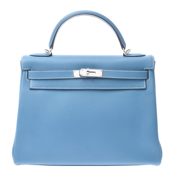 Hermes Hermes Kelly 32 2道袋蓝色牛仔银配件□J-ingraved（2006年左右）女性的Swift手袋AB排名使用水池