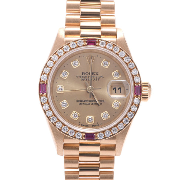 ROLEX Rolex Date Just Besel Diamond / Ruby 10P Diamond 69068G Women's YG Watch Automatic Changing Champagne Dial A Rank Used Sinkjo