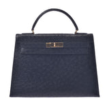 Hermes Hermes Kelly 32外缝制2way袋黑色金支架○C邮票（1973年左右）女士们的Austrich手提包一级使用水池