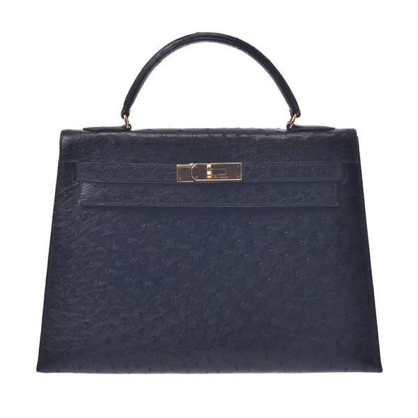 Hermes Hermes Kelly 32外缝制2way袋黑色金支架○C邮票（1973年左右）女士们的Austrich手提包一级使用水池