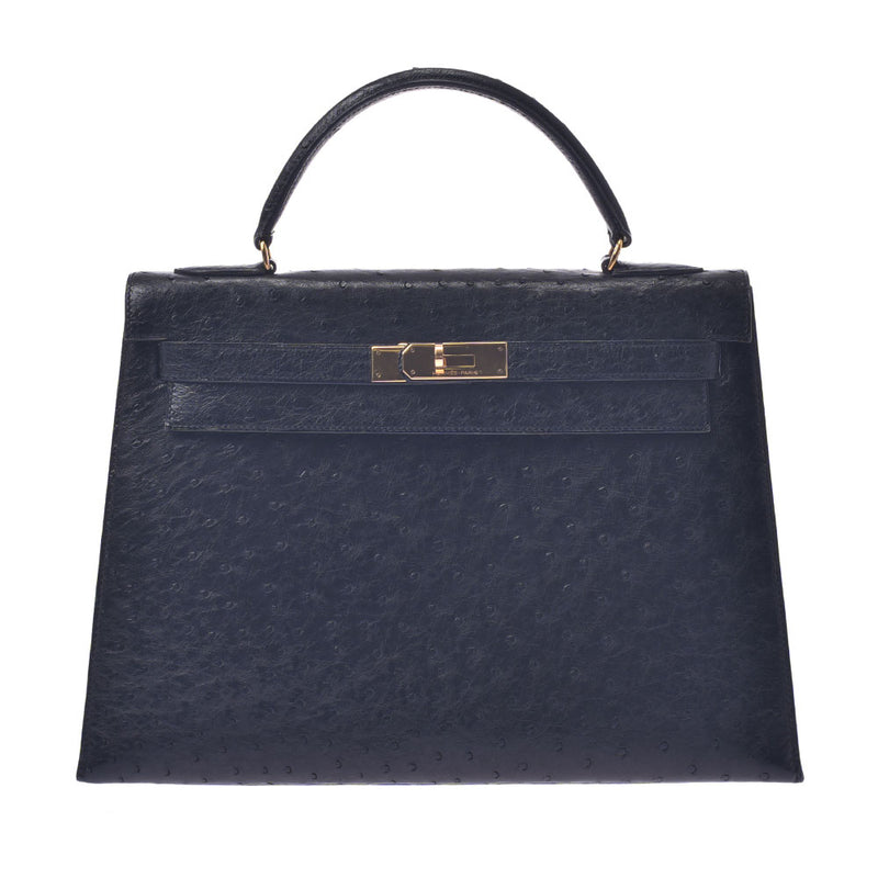 Hermes Hermes Kelly 32外缝制2way袋黑色金支架○C邮票（1973年左右）女士们的Austrich手提包一级使用水池