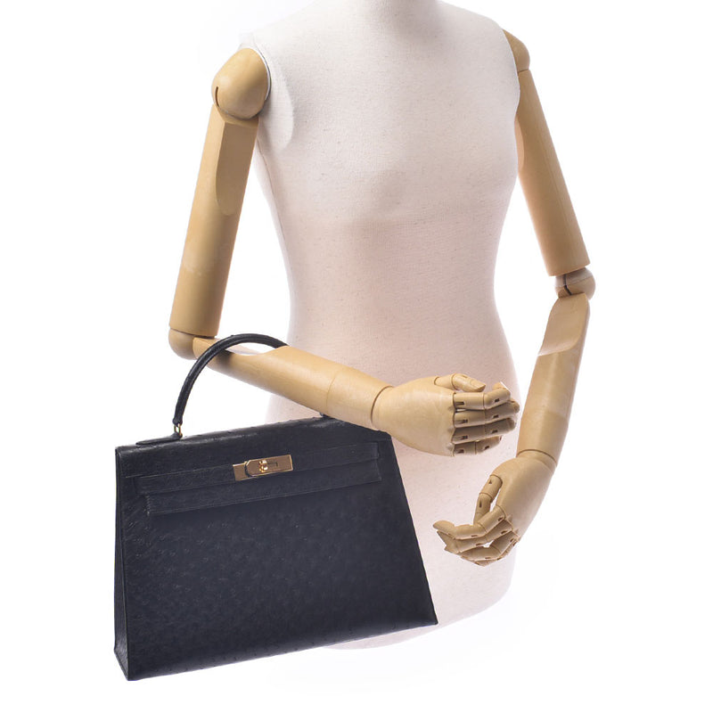 Hermes Hermes Kelly 32 outside sewing 2way bag black gold bracket ○ c stamp (around 1973) Ladies' Austrich handbag A rank used sinkjo