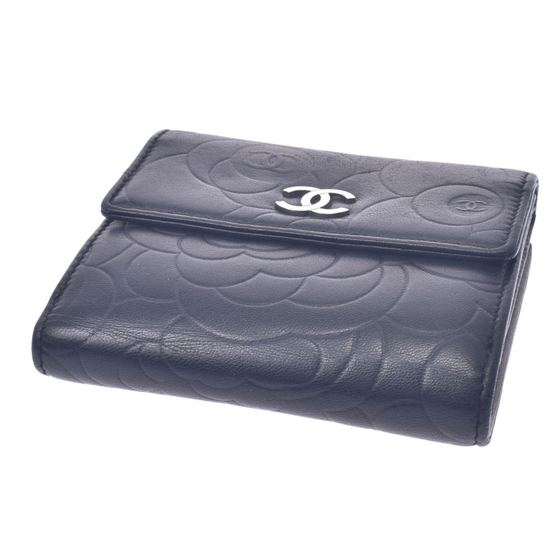 Chanel Chanel Camelia W Hook Wallet Black Ladies Ramskin Two-fold Wallets B Rank Used Silgrin