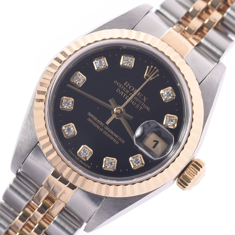 ROLEX 劳力士日期只是 10P 钻石 79173G 女士 YG/SS 手表自动绕组黑色表盘 A 级二手银藏