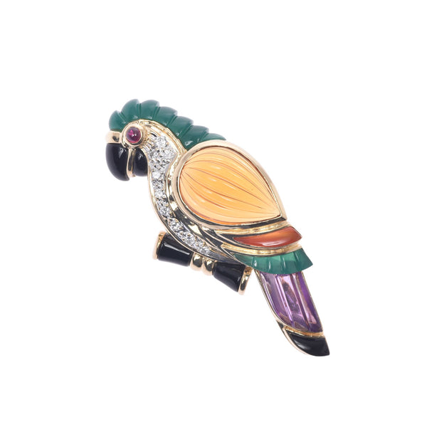 Other Parrot Motif Ruby 0.07ct Diamond 0.14ct Unisex K18 YG / Calcedony / Carnerin Brooch A-Rank Used Silgrin