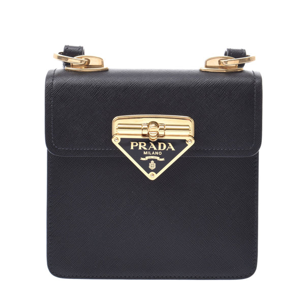 PRADA Prada Symbol Black Gold Bracket Women's Safiano Shoulder Bag A rank used Silgrin