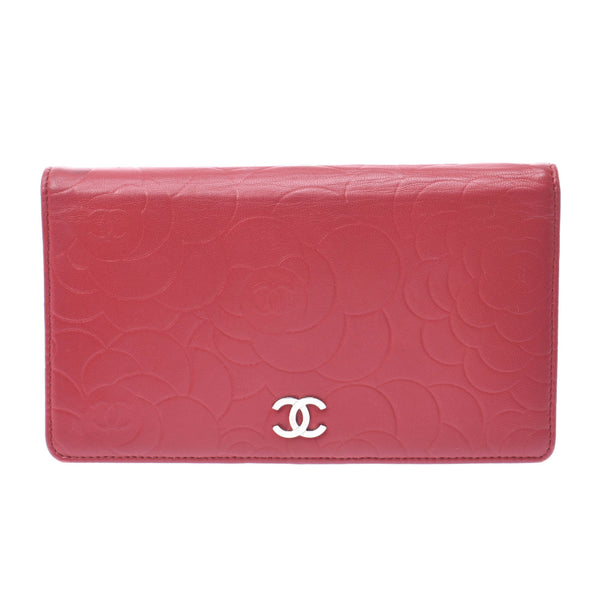 Chanel Chanel Camelia Double Fastener Long Wallet Red Silver Bracket Ladies Lamskin Long Wallet B Rank Used Silgrin