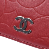 Chanel Chanel Camelia双紧固件长号钱包红色银色支架女士Lamskin Long钱包B等级使用Silgrin