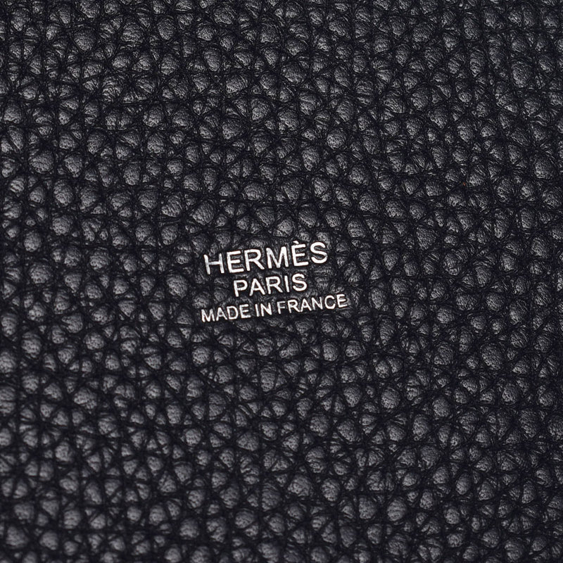 Hermes Hermes Picon Lock MM黑色银色支架雕刻（2017年左右）女士Triyo纤维手提包A级使用水池