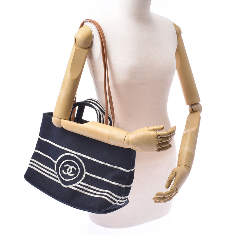 CHANEL Chanel Coco Mark 2way bag border 紺 Ladies denim tote bag A rank used sinkjo