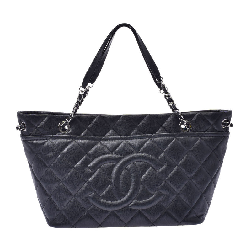 Chanel Maestro chain Tote Black Silver Hardware Womens Soft caviar skin tote bag a