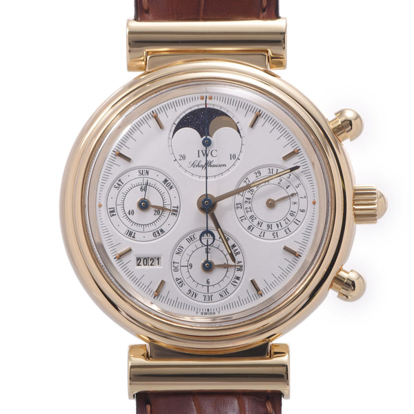Iwc da Vinci chronograph perpetual calendar Men's YG / Leather watch automatic winding white textbook A rank used Silgrin