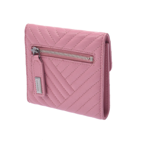 CHANEL Chanel Pink Silver Bracket Ladies Lam Skin Three Folded Wallets A-Rank Used Silgrin
