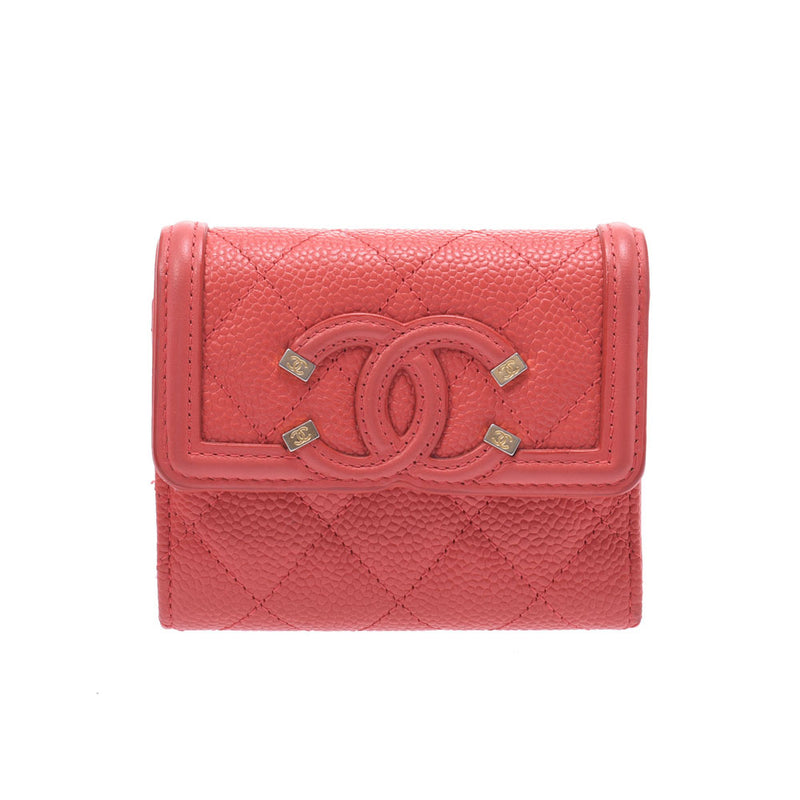 Chanel Chanel CC Filigree Compact Wallet Coral Pink Gold Bracket Women's Caviar Skin Three Folded Wallets AB Rank Used Sinkjo