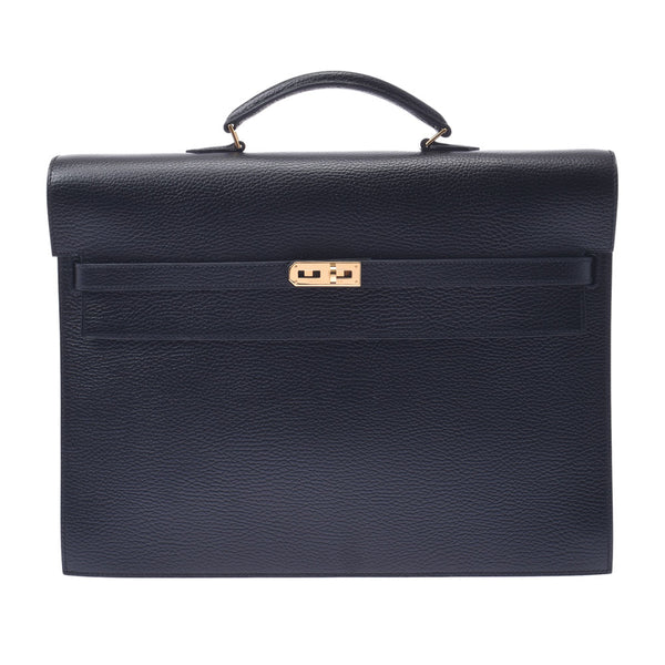 Hermes Kelly Depeche 38 Black Gold Metal Fittings E Engraved circa 2001 Imprint Unisex Ardennes Business Bag HERMES Used