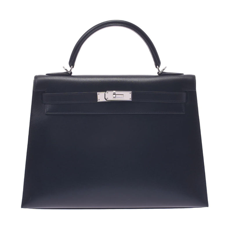 Hermes Hermes Kelly 32外穿着缝纫2way黑银括号□F雕刻（2002年左右）女装盒小牛手提包一级使用水池