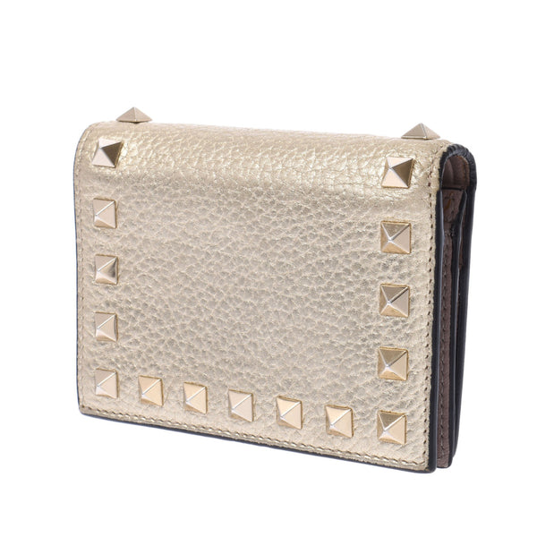 Valentino Garavani Valentino Galavani Rock Studs Compact Wallet Gold Women's Curf Two Folded Wallets B Rank Used Silgrin