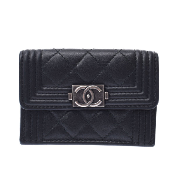Chanel Chanel Compact Wallet Black Silver Fixtures Women's Caviar Skin Three Folded Wallets B Rank Used Sinkjo