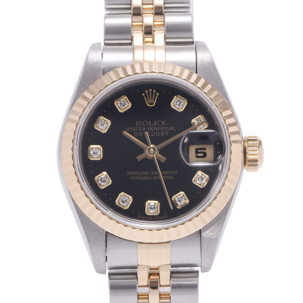 ROLEX Rolex Day Just 10P Diamond 69173G Women's YG / SS Watch Automatic Wound Black Table A-Rank Used Silgrin