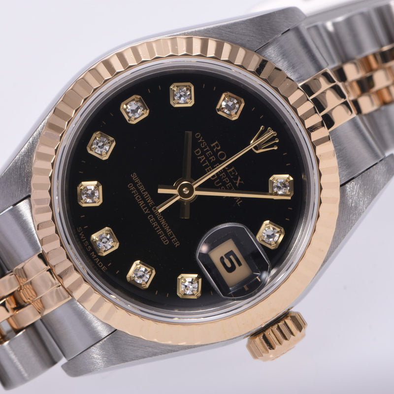 ROLEX Rolex Day Just 10P Diamond 69173G Women's YG / SS Watch Automatic Wound Black Table A-Rank Used Silgrin