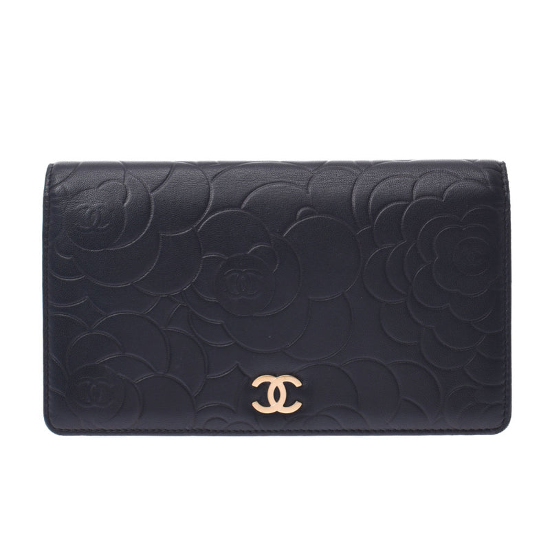 CHANEL Chanel Camelia Black / Metallic Beige Gold Bracket Women's Curf Long Wallet AB Rank Used Silgrin