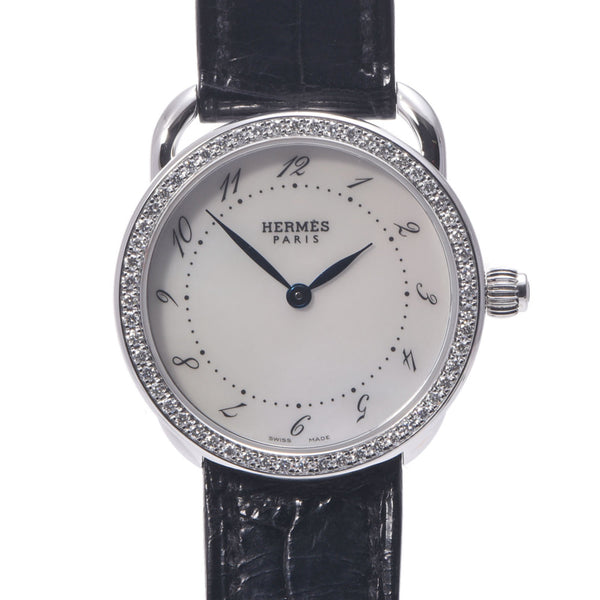 Hermes Hermes也是Bezel Diamond Ar5.230女士SS /皮革手表石英白色壳体直径A级二手硅牛