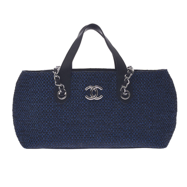 Chanel Chanel 2way Chain Bag Blue / Black Silver Fittings Ladies Straw Hand Bag A-Rank Used Sinkjo