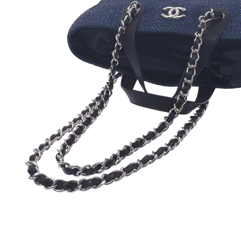 CHANEL シャネル 2WAYチェーンバッグ 青/黒 シルバー金具 レディース ストロー ハンドバッグ Aランク 中古 銀蔵