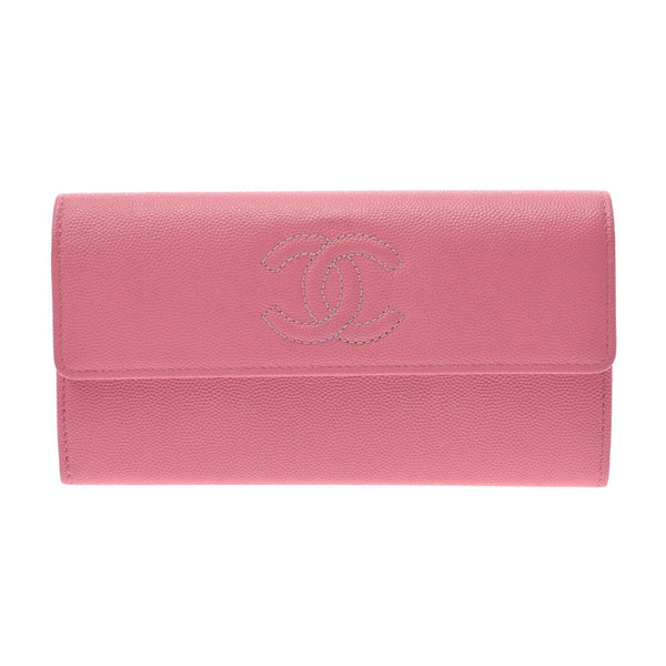 Chanel Chanel Fastener Long Wallet Cocomark Pink Women's Caviar Skin Long Wallet AB Rank Used Sinkjo