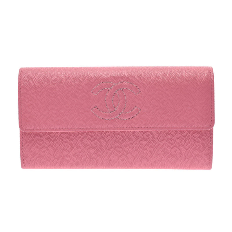 Chanel Chanel Fastener Long Wallet Cocomark Pink Women's Caviar Skin Long Wallet AB Rank Used Sinkjo