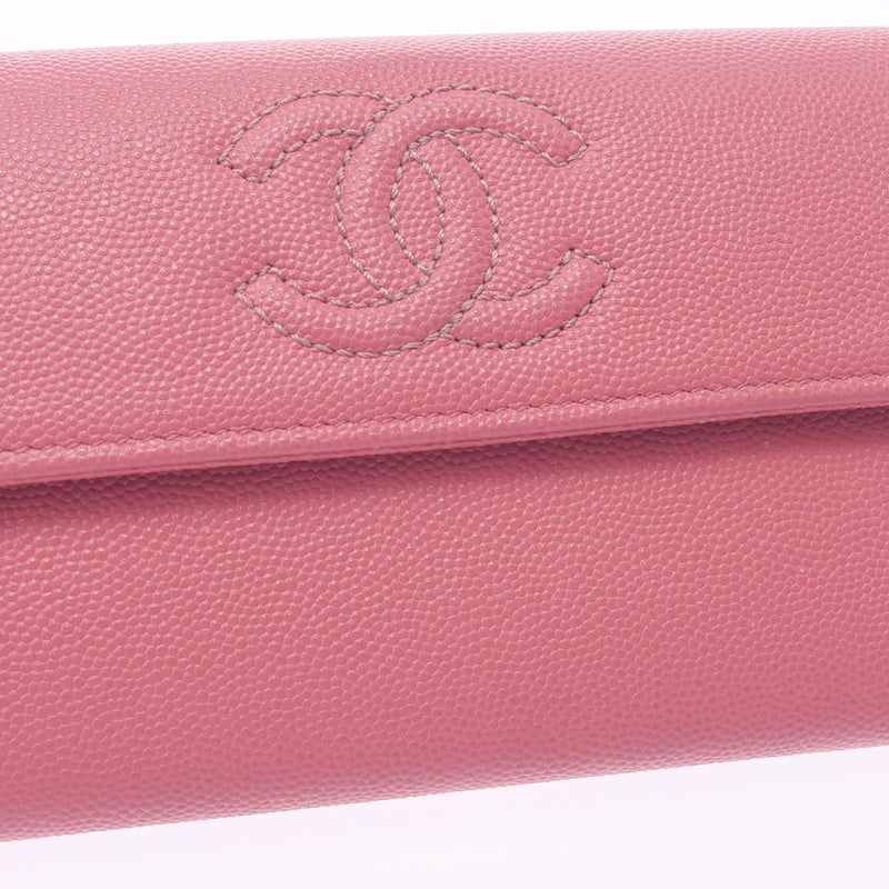 Chanel Chanel Fastener Long Wallet Cocomark Pink Women's Caviar Skin Long Wallet AB Rank Used Sinkjo