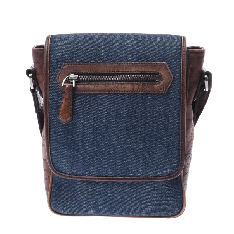 Berluti Berlutti Jor Joie Caligraphic Tea / Blue Men's Leather / Denim Shoulder Bag B Rank Used Sinkjo