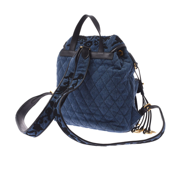 Prada Prada Backpack Quilted Embroidery Blue / Black 1BZ677 Unisex Denim / Leather Rucks Day Pack A-Rank Used Sinkjo