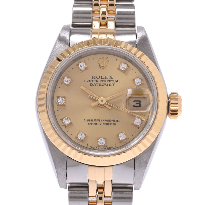 ROLEX 劳力士日期只是 10P 钻石 69173G 女士 YG/SS 手表自动香槟表盘 A 级二手银藏